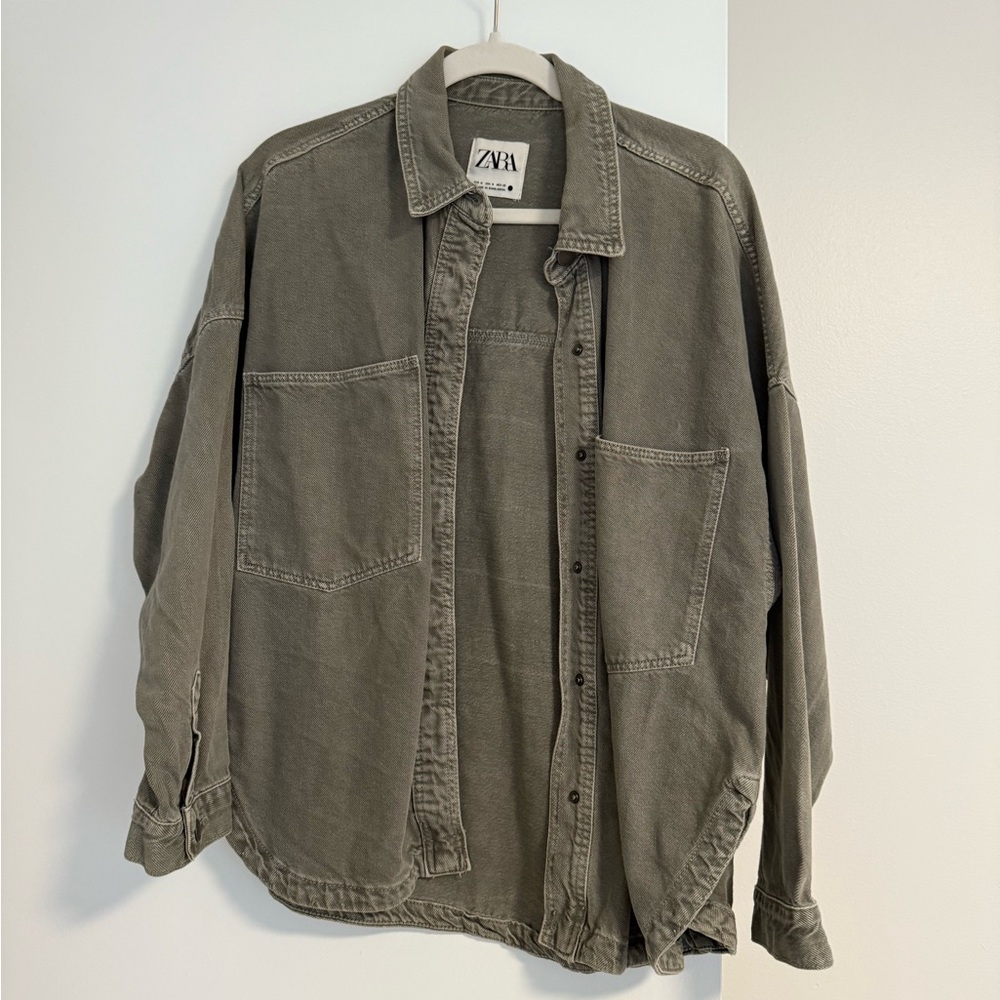 ZARA Womens Olive-Green Denim Shirt Jacket